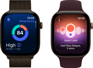 Apple Watch Series 12, aluminium case, dark bronze colour, sleep score circle graph, Digital Crown, Milanese Loop strap, dark bronze colour