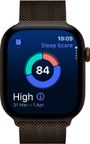 Apple Watch Series 12, aluminium case, dark bronze colour, sleep score circle graph, Digital Crown, Milanese Loop strap, dark bronze colour