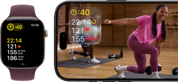 Apple Watch next to iPhone with Apple Fitness+ class on screen