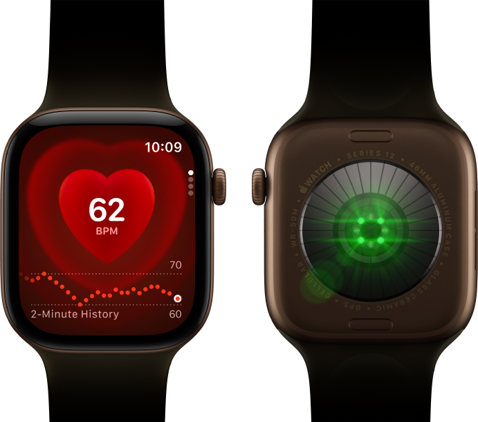 Two Apple Watch Series 12 devices, aluminium case, dark bronze colour with olive Sport Band, one showing the Heart Rate app, the other with the Health Sensing System on the back of the watch, with glowing green LED lights