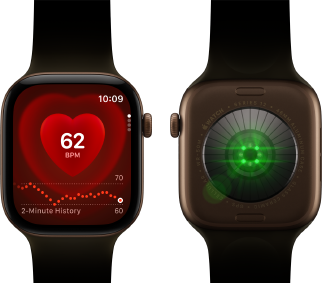 Two Apple Watch Series 12 devices, aluminium case, dark bronze colour with olive Sport Band, one showing the Heart Rate app, the other with the Health Sensing System on the back of the watch, with glowing green LED lights
