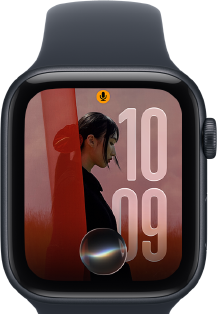 Apple Watch SE 3, aluminium case, midnight colour, personalised photo on watch face with Siri app complication, right side exterior, Digital Crown, Sport Band, black colour