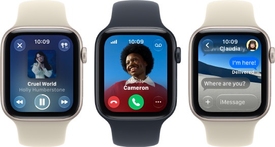Three Apple Watch SE 3 devices next to each other, one showing the Apple Music app, one showing an incoming phone call and one showing a Messages exchange