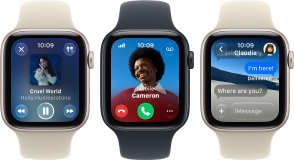 Three Apple Watch SE 3 devices next to each other, one showing the Apple Music app, one showing an incoming phone call and one showing a Messages exchange