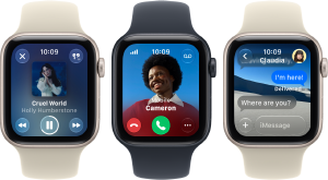 Three Apple Watch SE 3 devices next to each other, one showing the Apple Music app, one showing an incoming phone call and one showing a Messages exchange