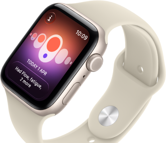 Apple Watch SE 3, aluminium case, starlight colour, Cycle Tracking with different menstrual symptoms, right side exterior, Digital Crown, side button, Sport Band, sand colour