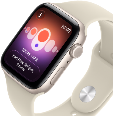 Apple Watch SE 3, aluminium case, starlight colour, Cycle Tracking with different menstrual symptoms, right side exterior, Digital Crown, side button, Sport Band, sand colour
