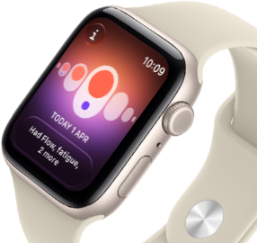Apple Watch SE 3, aluminium case, starlight colour, Cycle Tracking with different menstrual symptoms, right side exterior, Digital Crown, side button, Sport Band, sand colour