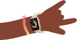 Cartoon illustration of two kids' arms, both wearing Apple Watch SE 3, one with Activity app, one with Messages app