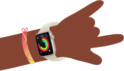 Cartoon illustration of two kids' arms, both wearing Apple Watch SE 3, one with Activity app, one with Messages app