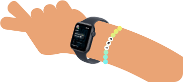 Cartoon illustration of two kids' arms, both wearing Apple Watch SE 3, one with Activity app, one with Messages app