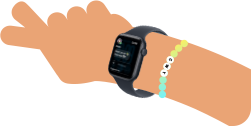 Cartoon illustration of two kids' arms, both wearing Apple Watch SE 3, one with Activity app, one with Messages app