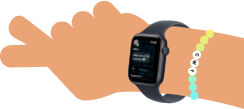 Cartoon illustration of two kids' arms, both wearing Apple Watch SE 3, one with Activity app, one with Messages app