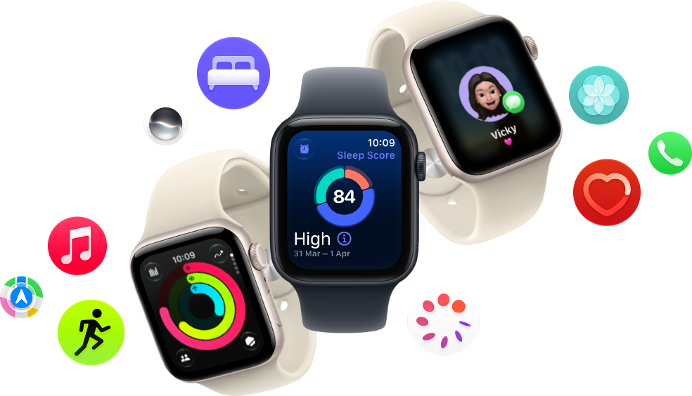 Three Apple Watch SE 3 devices floating next to each other: one with Activity rings, one with sleep score and one showing an incoming text message
