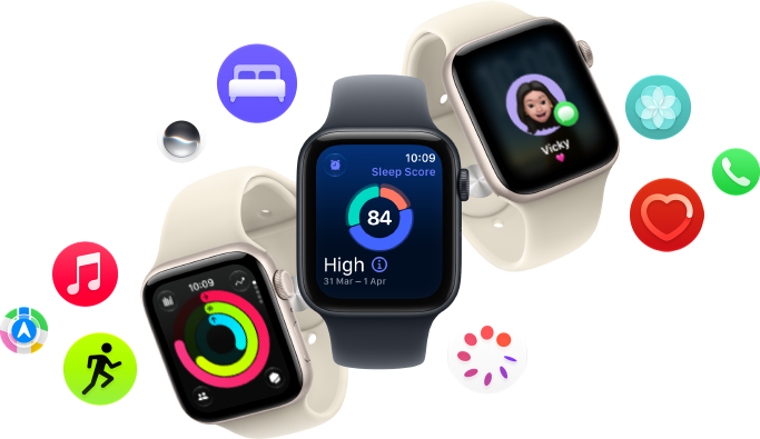 Three Apple Watch SE 3 devices floating next to each other: one with Activity rings, one with sleep score and one showing an incoming text message