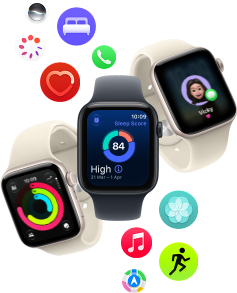 Three Apple Watch SE 3 devices floating next to each other: one with Activity rings, one with sleep score and one showing an incoming text message