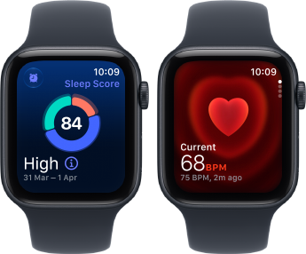 Two Apple Watch SE 3 devices, both with aluminium case, midnight colour with navy blue Sport Band, one showing sleep score, one showing Heart rate app, right side exterior, Digital Crown