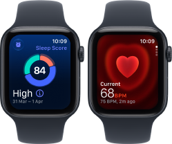 Two Apple Watch SE 3 devices, both with aluminum case, midnight colour with navy blue Sport Band, one showing sleep score, one showing Heart rate app, right side exterior, Digital Crown