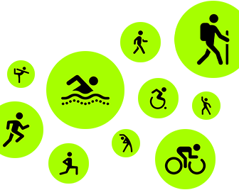 Workout icons, stick people running, walking, swimming, using wheelchair, hiking, cycling, lunging, dancing, stretching and doing yoga