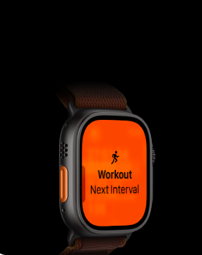 Apple Watch Ultra 4, titanium case, black colour, Running workout, next interval, left side exterior, orange Action button, Alpine Loop strap