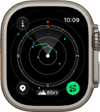Apple Watch Ultra 4, titanium case, natural colour, Backtrack showing route with compass directions, right side exterior, Digital Crown, raised side button