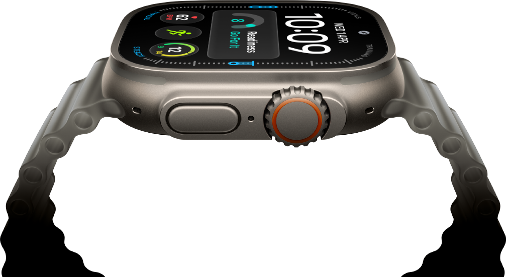 Apple Watch Ultra 4, titanium case, natural colour, digital clock face, complications: readiness, heart rate, Workouts, temperature, right side exterior, Digital Crown, raised side button, Ocean Band, translucent grey colour