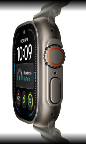 Apple Watch Ultra 4, titanium case, natural colour, digital clock face, complications: readiness, heart rate, Workouts, temperature, right side exterior, Digital Crown, raised side button, Ocean Band, translucent grey colour