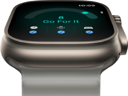 Apple Watch Ultra 4, titanium case, natural colour, readiness score of 8, right side exterior, Digital Crown, raised side button, Ocean Band, translucent grey colour