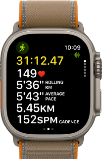 Apple Watch Ultra 4, titanium case, natural colour, advanced Outdoor Run workout metrics, right side exterior, Digital Crown, raised side button, Trail Loop strap, sand colour