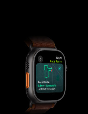 Apple Watch Ultra 4, titanium case, black colour, Race Route feature with a map of a running route, left side exterior, Action button, Alpine Loop strap, burgundy colour
