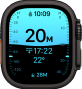 Apple Watch Ultra 4, titanium case, black colour, Depth app showing diving metrics, right side exterior, Digital Crown, raised side button