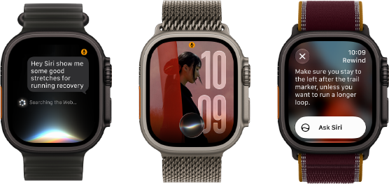 Three Apple Watch Ultra 4 devices, one with black titanium case, Siri AI conversation, translucent black Ocean Band, one with natural titanium case, personalised photo on watch face with Siri AI complication, natural titanium Milanese Loop strap, and one with black titanium case, Siri Recap, burgundy Trail Loop strap