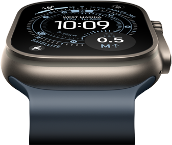 Apple Watch Ultra 3 tilted forward, natural titanium case, compass on Orienteering watch face, anchor blue Ocean Band