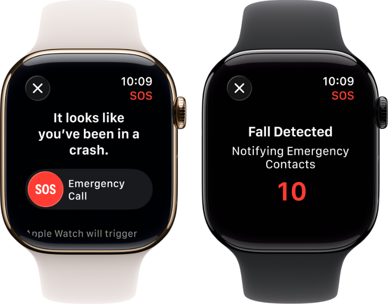 two Apple Watches with crash detection on the screens