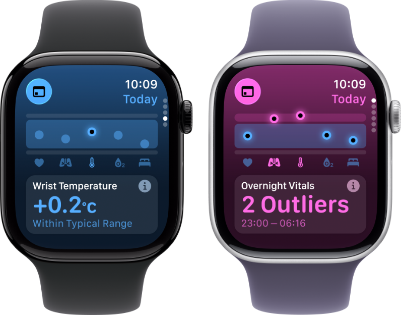 two Apple Watches with the Vitals app on the screen