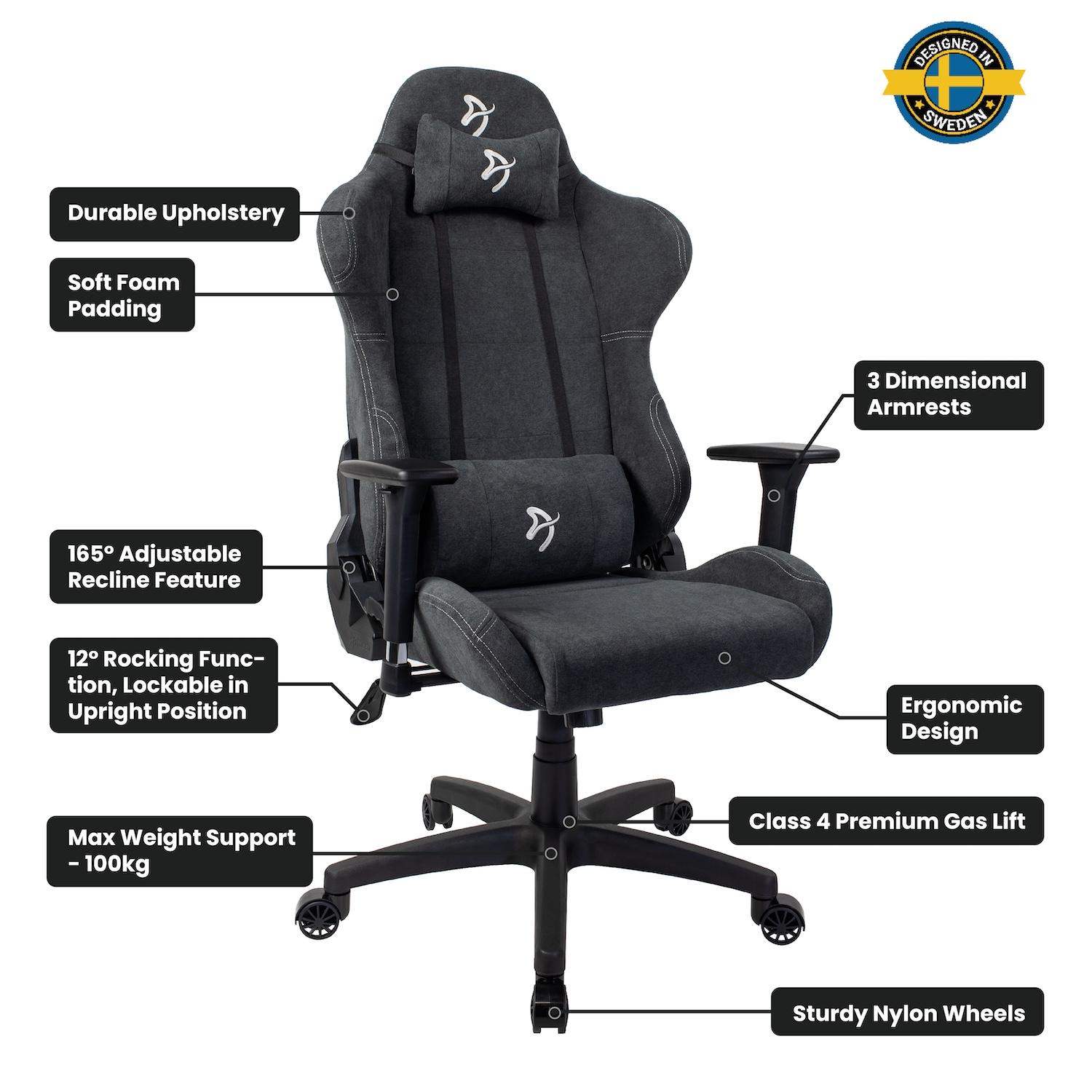 A black chair with specs around it