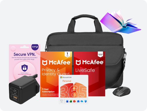 Laptop bag, charger and software