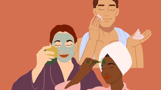 illustration of three people applying face masks