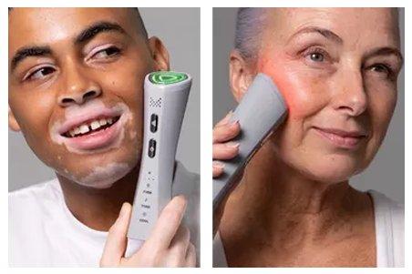 a man and a woman using a microcurrent device to tone their faces