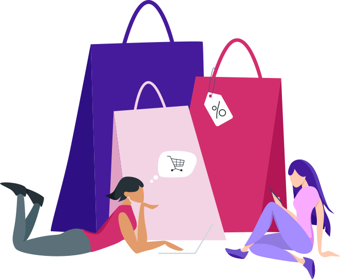 Ladies thinking about shopping graphic