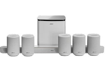 Five white speakers, a white subwoofer and a soundbar