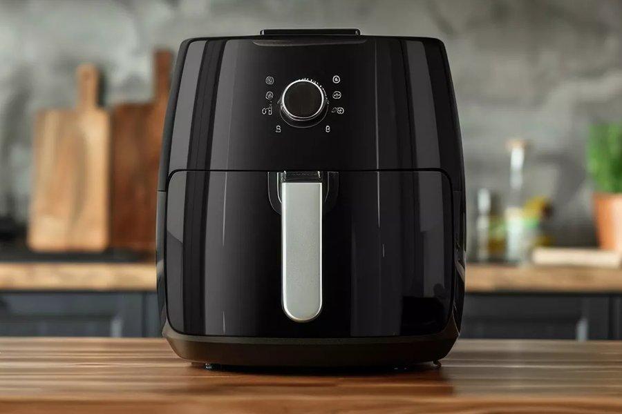 A black air fryer on a counter