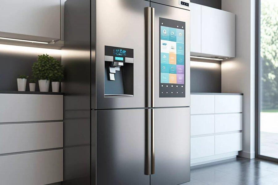A silver fridge with a drinks dispenser in a kitchen with a display on the front