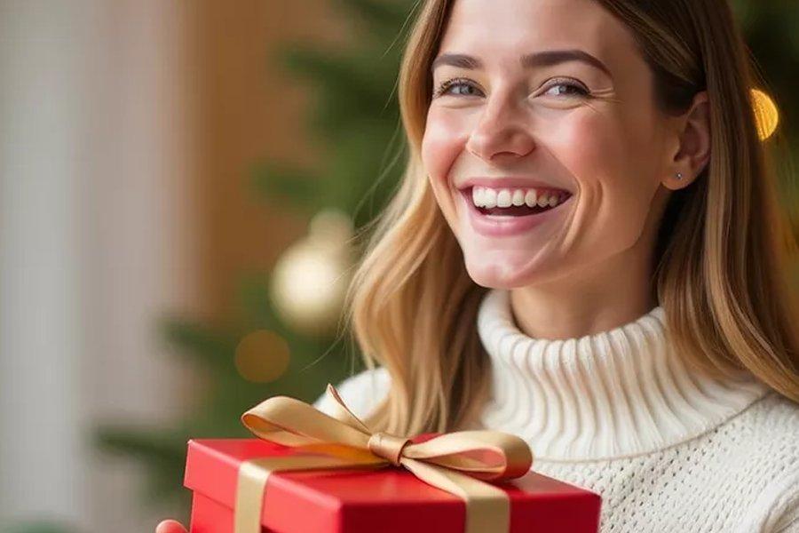 A smiling woman holding a red gift wrapped box