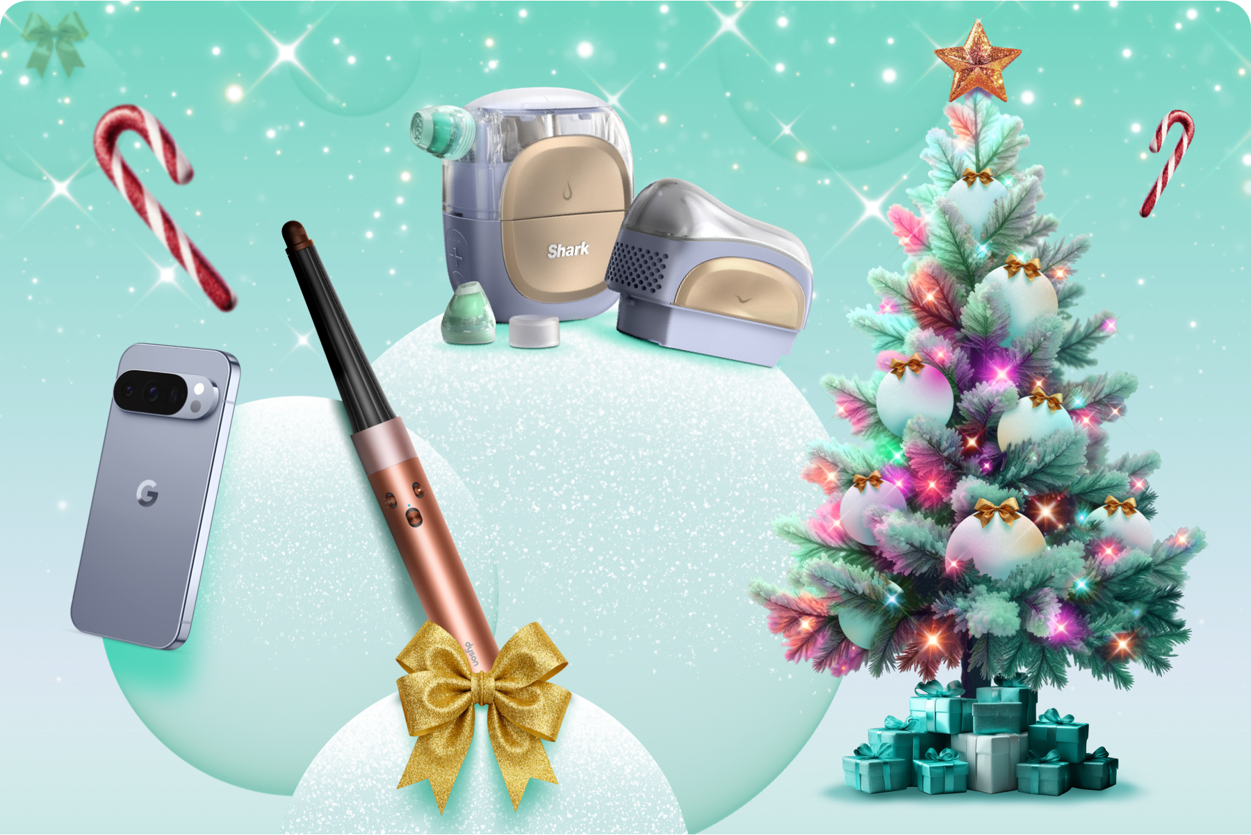 A mobile phone, Shark beauty device and hair styler next to a Christmas tree