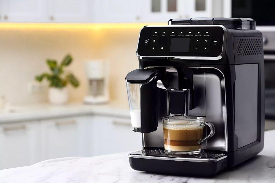A coffee machine on a counter in a kitchen with a glass of coffee on it