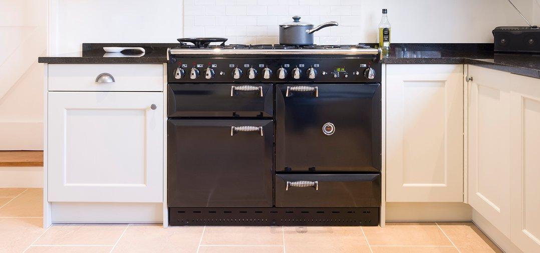 a kitchen with a black and white stove and a black and white sink