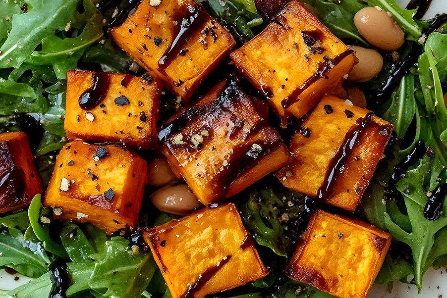 Cubes of sweet potato on a bed of lettuce