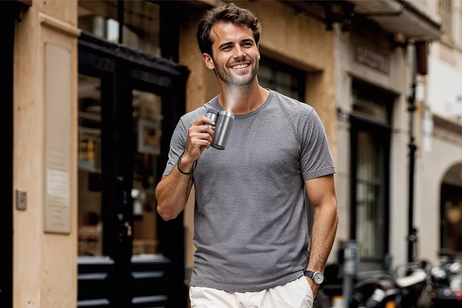 A Man enjoying cooling gadget summer season outside