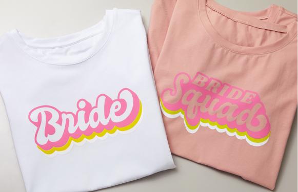 Two t-shirts with Bride on one and Bride Squad on the other